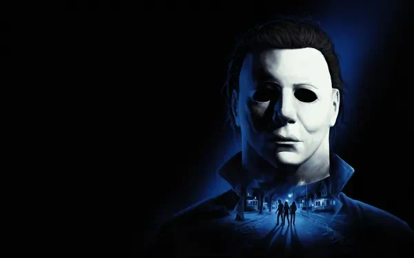 4K Ultra HD PC wallpaper of Michael Myers (Halloween: The Game) — his white mask looms in blue light over a dark suburban street with small silhouetted figures, emitting classic horror dread.