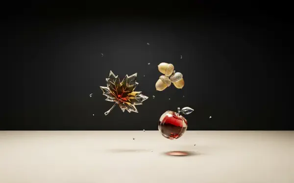 4K Ultra HD PC desktop wallpaper: aesthetic fall scene of a red apple, golden seeds and glass-like shards suspended above a neutral surface against a dark backdrop.