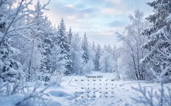 February 2027 calendar over a 5K Ultra HD PC desktop wallpaper: a winter, snow-covered forest landscape.
