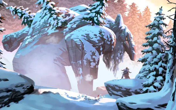 Valheim 5K Ultra HD PC Desktop Wallpaper and Background: colossal mammoth elephant carved in snow among frosted pines, a lone traveler standing at its feet.