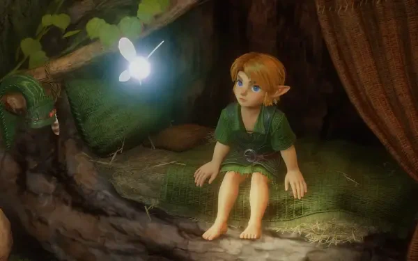HD PC wallpaper: Link (The Legend of Zelda: Ocarina of Time) portrayed as an elf-like girl, seated barefoot in a tree hollow, gazing at a glowing fairy.