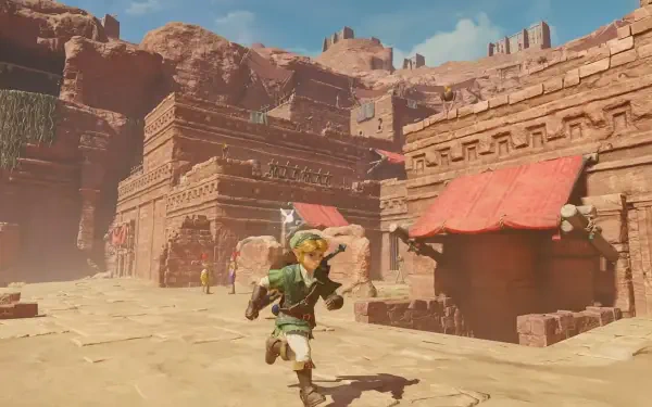 HD PC desktop wallpaper of Link from The Legend of Zelda: Ocarina of Time dashing through a sunlit desert ruin village of sandstone buildings and distant cliffs.