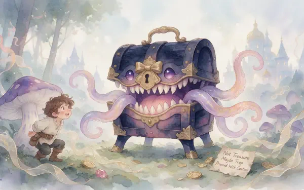2K Quad HD fantasy wallpaper: a grinning treasure-chest mimic with writhing tentacles and glowing eyes lunges from mist toward a startled child in an enchanted forest.