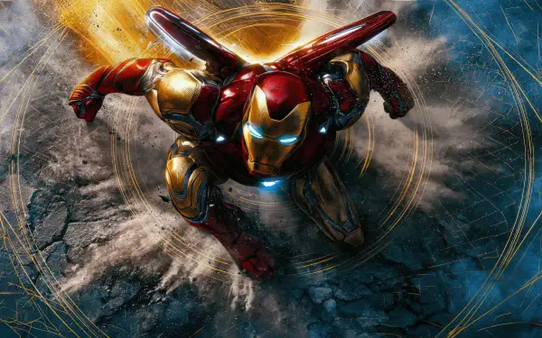 Iron Man in a dynamic overhead flight pose with glowing arc reactor and repulsors, bursting from debris and energy rings — digital art 4K Ultra HD PC desktop wallpaper/background.