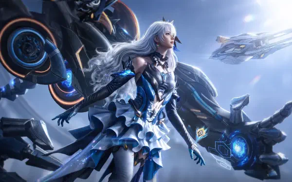 Futuristic female warrior in white-blue armor with flowing hair standing before a giant mech and hovering craft — Call of Duty video game 4K Ultra HD PC desktop wallpaper/background.