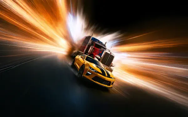 5K Ultra HD PC desktop wallpaper/background of Optimus Prime and Bumblebee speeding forward through dramatic fiery light streaks.