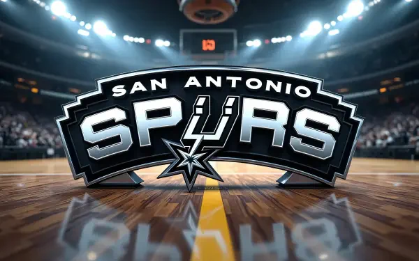 4K Ultra HD PC desktop wallpaper and background: bold San Antonio Spurs NBA logo centered on glossy hardwood court under arena lights, crowd blurred in the distance.