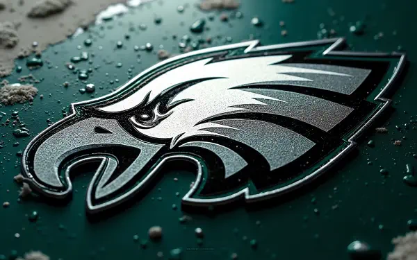 Metallic Philadelphia Eagles NFL logo close-up with water droplets on a dark green textured surface — 4K Ultra HD PC desktop wallpaper background.