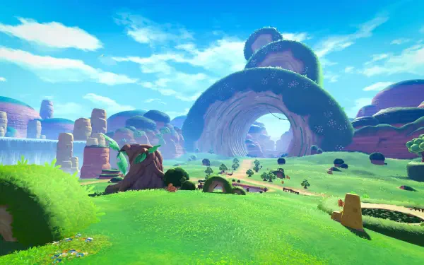 Kirby and the World Beyond landscape — Kirby in a vibrant grassland with rolling hills, arching rock formations and bright blue sky. 4K Ultra HD PC desktop wallpaper/background.
