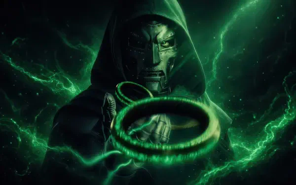 4K Ultra HD digital art PC desktop wallpaper: Doctor Doom in a hooded armored mask, conjuring a glowing green energy ring amid emerald lightning and smoky aura.