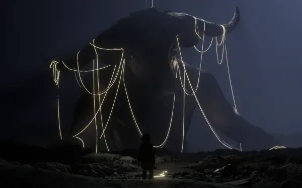 Resonance: A Plague Tale Legacy HD PC desktop wallpaper and background — lone figure faces a colossal horned beast wrapped in glowing ropes in a dark landscape.
