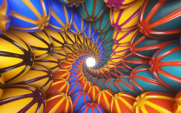 Abstract rainbow spiral tunnel of interlocking colorful segments, vibrant 4K Ultra HD PC desktop wallpaper/background.