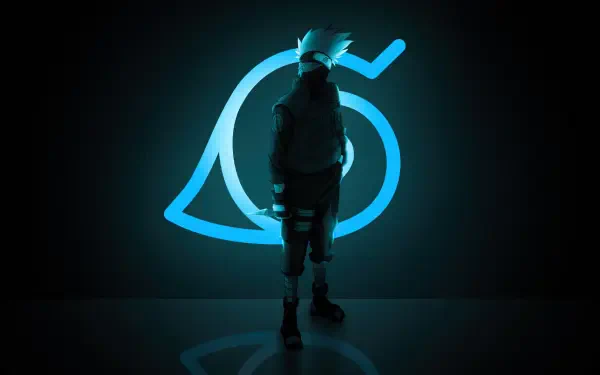 Kakashi Hatake silhouette facing a glowing blue Konoha (Leaf Village) symbol on a dark backdrop — 4K Ultra HD Naruto PC desktop wallpaper