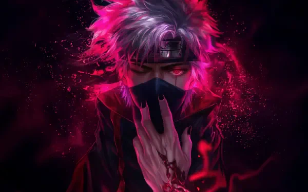 Kakashi Hatake (Naruto) in a dramatic pink-red aura, masked and raising a hand, stylized 5K Ultra HD PC desktop wallpaper background.