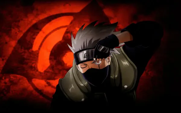 Kakashi Hatake (Naruto) in 4K Ultra HD PC desktop wallpaper: masked shinobi adjusting his headband against a red Sharingan-symbol backdrop.