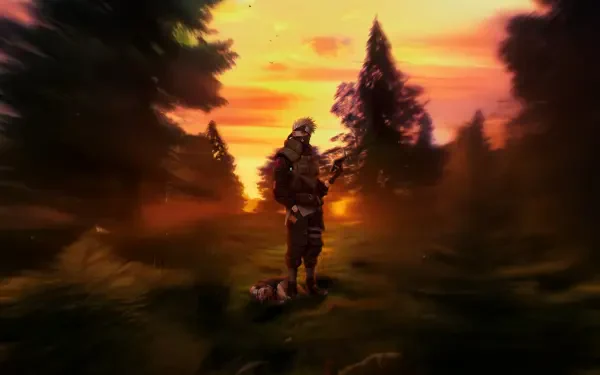 5K Ultra HD PC desktop wallpaper of Kakashi Hatake (Naruto) standing in a sunlit forest clearing at sunset, with motion-blur edges and a fallen figure at his feet.