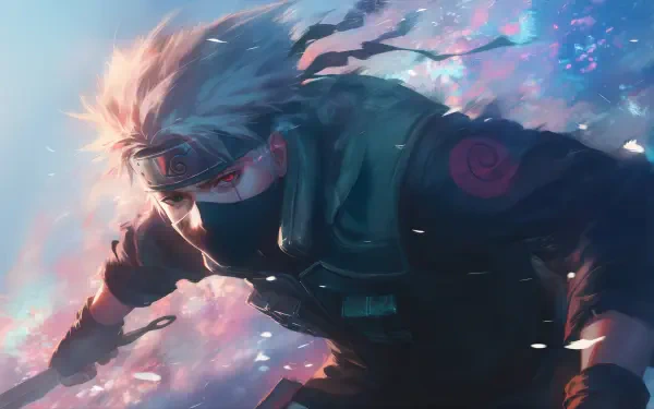 Kakashi Hatake from Naruto in a 4K Ultra HD PC wallpaper and background — masked ninja leaps through swirling cherry-blossom petals against a vivid, stormy sky.