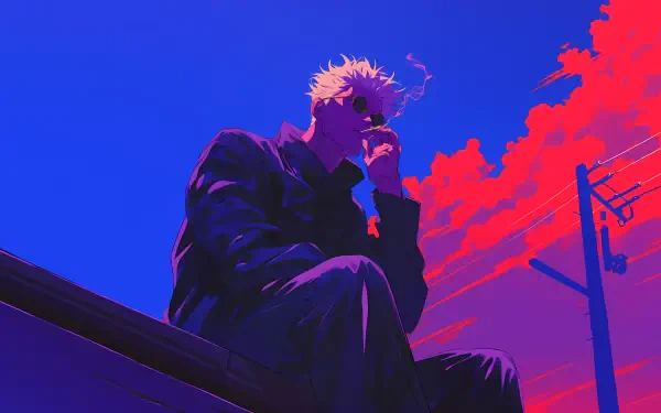 Satoru Gojo (Jujutsu Kaisen) seated on a rooftop, silhouetted against a vivid blue and magenta sky, smoking; 5K Ultra HD PC desktop wallpaper background.