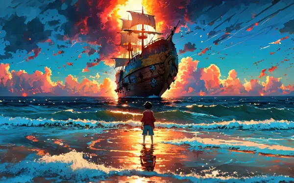 Monkey D. Luffy from One Piece stands on a reflective shore gazing at a towering ship and blazing sunset — 5K Ultra HD PC Desktop Wallpaper and Background.