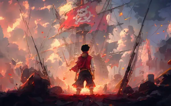 Monkey D. Luffy (One Piece) stands on a scorched deck facing a Jolly Roger-topped pirate ship beneath a fiery sky — 5K Ultra HD PC desktop wallpaper/background.