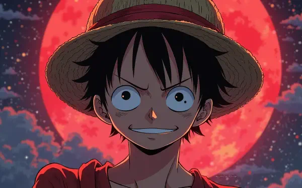 Monkey D. Luffy (One Piece) grins under a blood-red moon — high-contrast anime portrait rendered as 4K Ultra HD PC desktop wallpaper background.