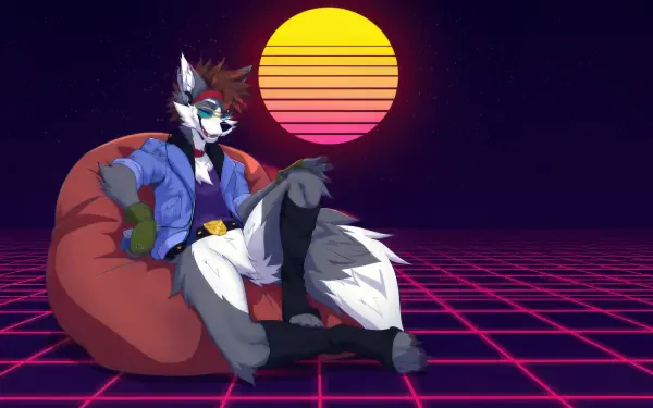 Neon digital art of a furry wolf reclining on a beanbag before a glowing sun and retro grid — 4K Ultra HD PC desktop wallpaper/background.