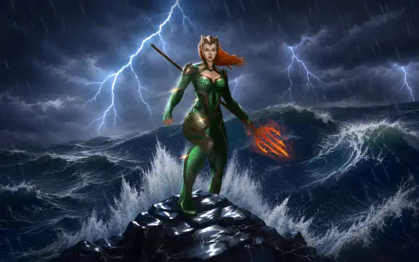 4K Ultra HD digital art PC desktop wallpaper: Mera (DC Comics) stands on a storm-swept rock, trident glowing, lightning cracking as towering waves crash around her.