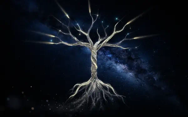 Yggdrasil tree with luminous roots and branching limbs set against a starry Milky Way — 2K Quad HD PC desktop wallpaper and background.