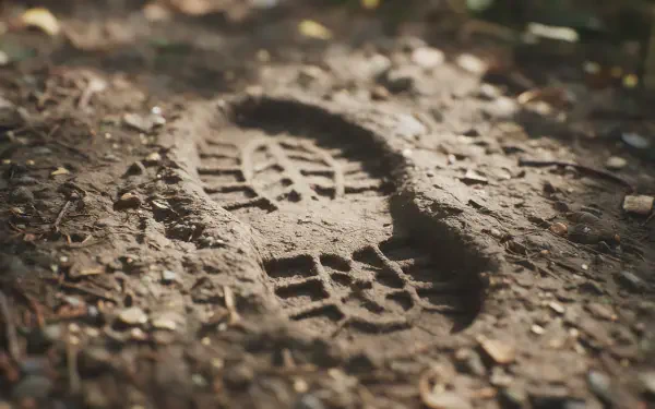 Close-up of a boot print in dirt showing bootprint and footprint texture — 2K Quad HD PC desktop wallpaper and background.