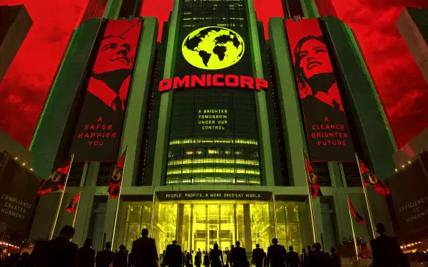 Ominous evil corporation skyscraper building with giant globe logo and propaganda banners beneath a blood-red sky — cinematic 4K Ultra HD PC desktop wallpaper and background.