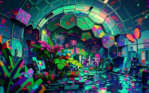 HD PC desktop wallpaper and background: neon biodome greenhouse filled with lush plants, reflective water, faceted glass dome and fluttering colorful butterflies.