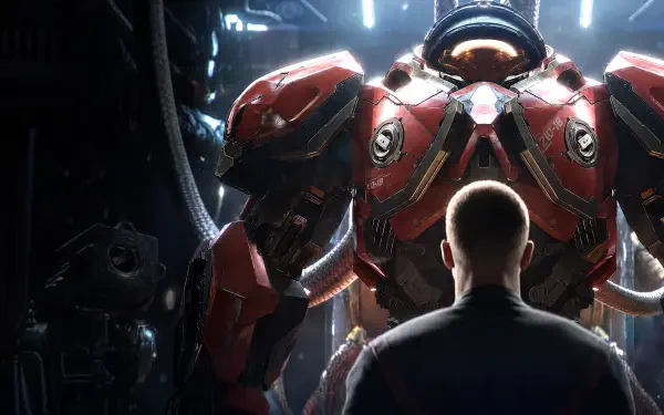 4K Ultra HD PC desktop Starcraft mecha wallpaper: a lone pilot faces a towering red battle mech in a dim, high-tech hangar.