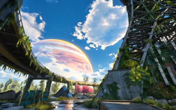 B.L.U.E. NOVA: futuristic architectural landscape with lush overgrowth, curved skybridges and a glowing planet on the horizon — 4K Ultra HD PC desktop wallpaper background.