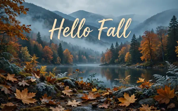 HD PC desktop wallpaper reading Hello Fall over a fall landscape: a tranquil lake reflecting misty mountains, colorful autumn trees and fallen maple leaves.