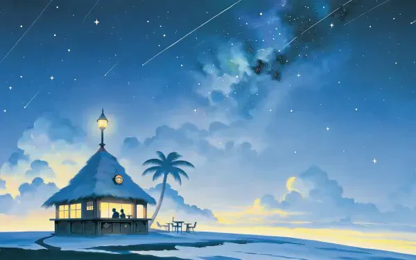 2K Quad HD PC desktop wallpaper: a tiki bar house on a moonlit beach with palm trees and a lone tree beneath a starry, meteor-streaked sky.
