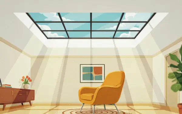 2K Quad HD PC desktop wallpaper: bright interior room with large skylight, yellow armchair on rug, sideboard and plant, framed art — minimalist cozy background.