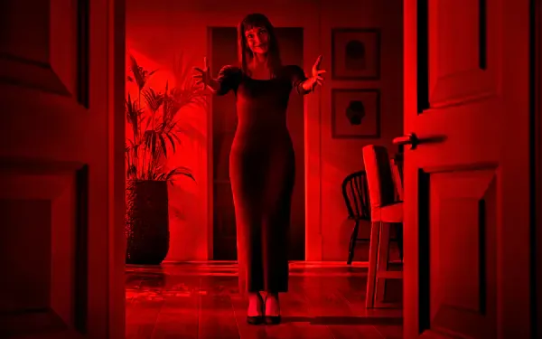4K Ultra HD PC desktop wallpaper for Other Mommy (2026): a woman stands in a blood-red hallway, arms outstretched between open doors, casting deep shadows.