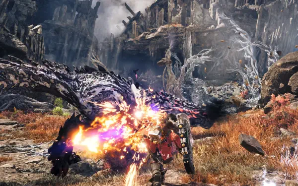 Monster Hunter Wilds — Ascendance: a hunter clashes with a colossal dragon monster amid rocky wilds, a fiery blast illuminating the fight. 4K Ultra HD PC desktop wallpaper and background.