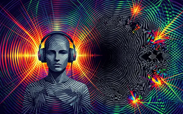 Abstract 5K Ultra HD PC desktop wallpaper showing a stylized mannequin head wearing headphones amid radiant concentric waves and colorful fractal bursts.