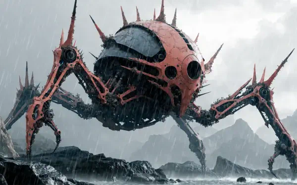 2K Quad HD PC desktop wallpaper and background: spiked crimson spider mech — a colossal mechanical spider striding across rain‑lashed rocky shores in bleak sci‑fi style.