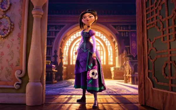 4K Ultra HD PC desktop wallpaper: Steps (2026) girl in a purple dress stands on sunlit library steps beneath an ornate arch, skull motif on her skirt, warm golden backlight.