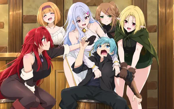 4K Ultra HD PC desktop wallpaper and background from anime My Sword Saint Master Is Too Cute to Live With: a group of girls surround a flustered blue‑haired character in a cozy tavern scene.