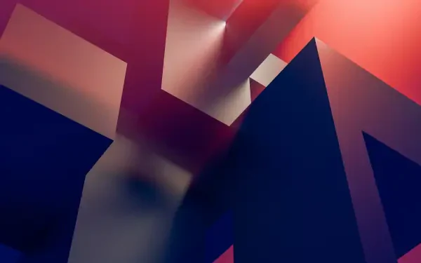 Abstract minimalist flat-design composition of angular geometric forms in deep navy and coral gradients — 8K Ultra HD PC desktop wallpaper and background.