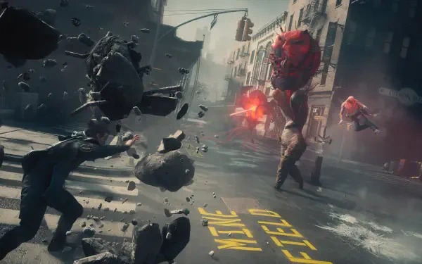 4K Ultra HD PC desktop wallpaper Control Resonant by Dylan Faden — a telekinetic hero hurls rubble down a city street as glowing red monsters advance in a chaotic battle.