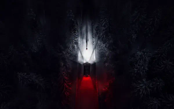 Resident Evil: Night Zero 4K Ultra HD PC desktop wallpaper and background — white searchlight pierces a dark pine forest, revealing a blood-red road and a tense, eerie atmosphere.