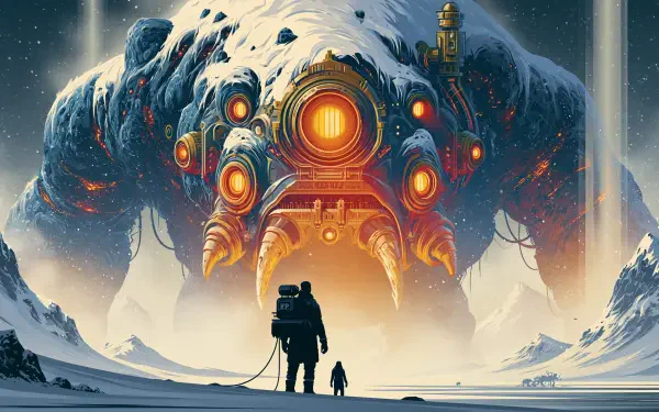 Sci Fi alien mecha monster 2K Quad HD PC desktop wallpaper and background: a glowing-eyed mechanical behemoth towers over a snowy plain as an astronaut and small companion stand below.