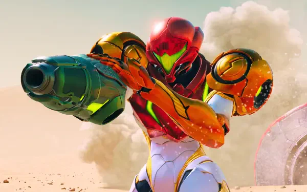 5K Ultra HD PC wallpaper: Samus Aran from Metroid Ravenous in her Power Suit, aiming her arm cannon amid a dusty alien sky — video game artwork by Nintendo.