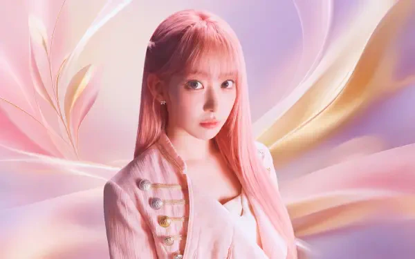 Portrait of a young woman with long pink hair and soft makeup wearing a pale pink jacket against swirling pastel hues — 5K Ultra HD desktop wallpaper.