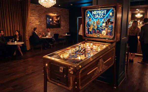5K Ultra HD PC desktop wallpaper of a vintage Midnight Jazz pinball machine in a dim arcade-bar lounge, warm lighting and patrons seated at tables in the background.