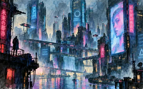 Cyberpunk 4K Ultra HD PC desktop wallpaper: neon-lit futuristic skyline with towering holographic billboards, rain-slick canals, bridges and silhouetted figures amid a glowing metropolis.